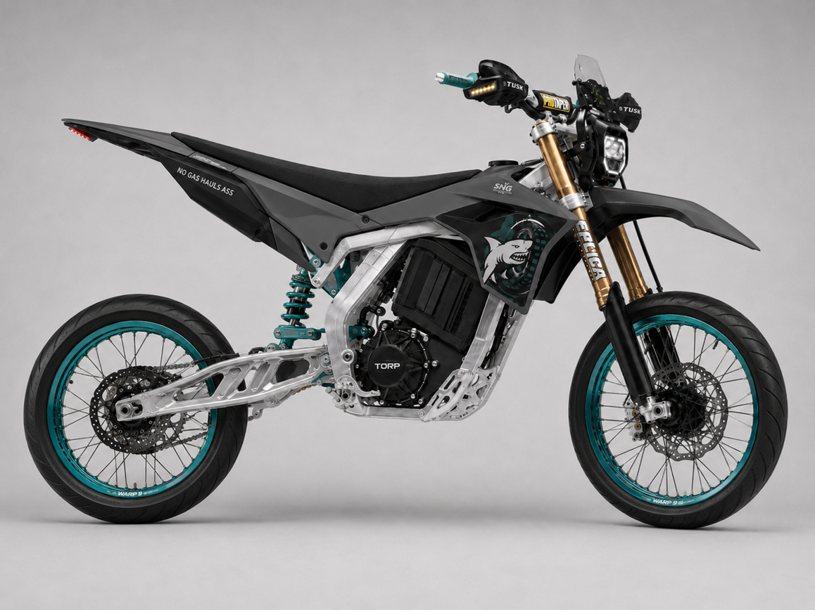 SNG 520E studio — polished billet aluminum frame and swingarm